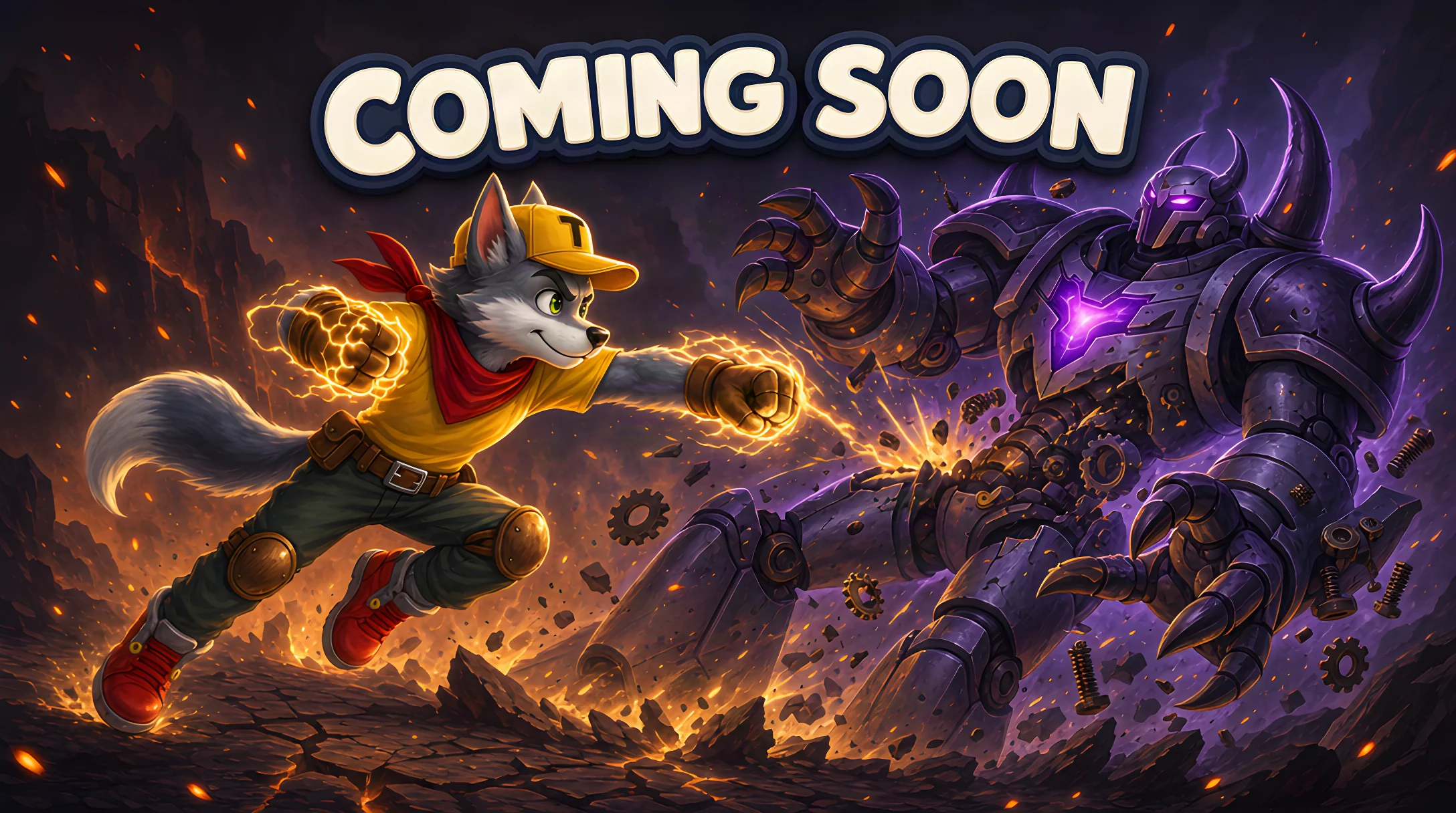 Tofik leaps and strikes the Wrecker Beetle with glowing fists, under a Coming Soon title